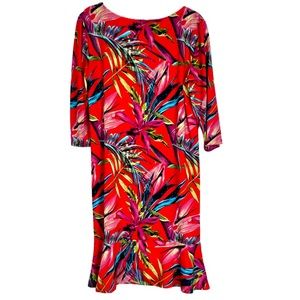 Softworks Dress Women’s Large Red Stretch Bold Colorful Tropical Jersey Knit